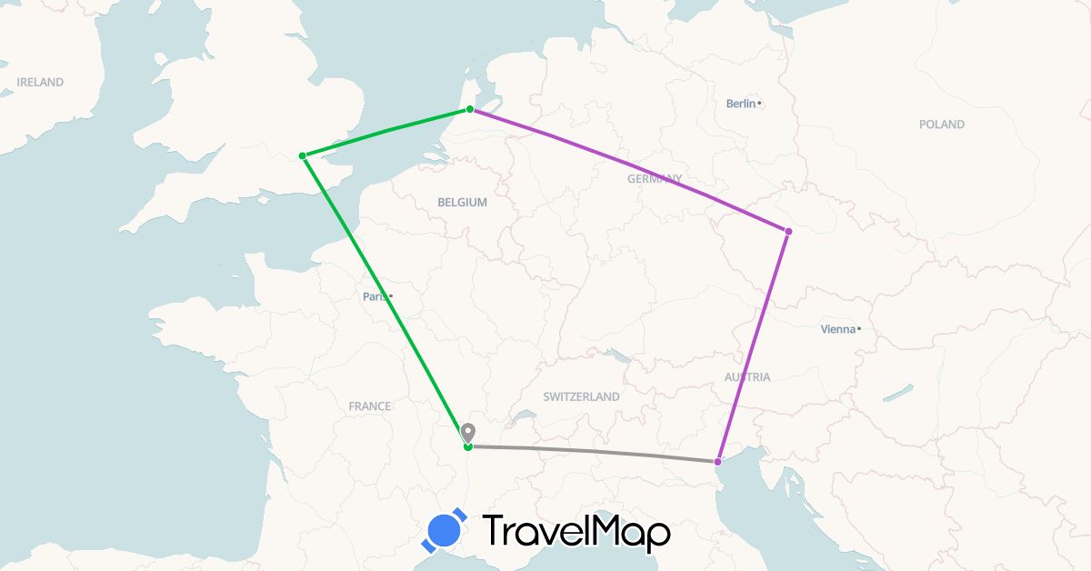 TravelMap itinerary: driving, bus, plane, train in Czech Republic, France, United Kingdom, Italy, Netherlands (Europe)